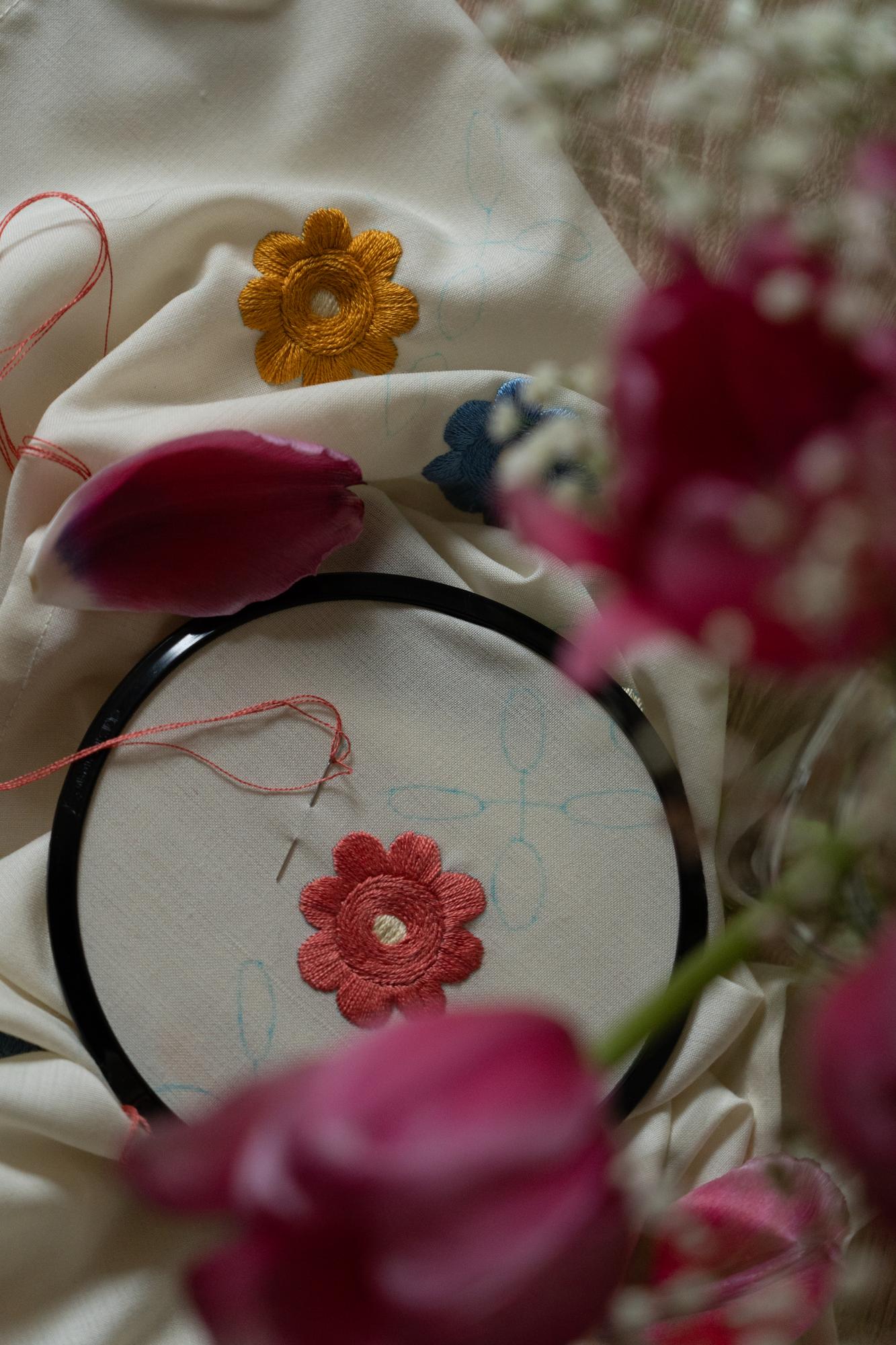close-up of handmade hoop embroidery with floral motif